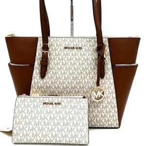 Michael Kors Large Charlotte Tote Bag & Large Double Zip Wallet Vanilla/Brown